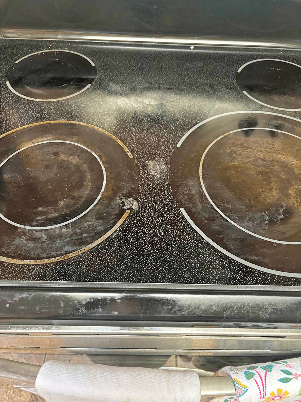 Before: bathroom counter shelf with residue